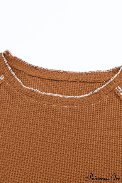 Long Round Arm Neck Brown Textured Top Tops