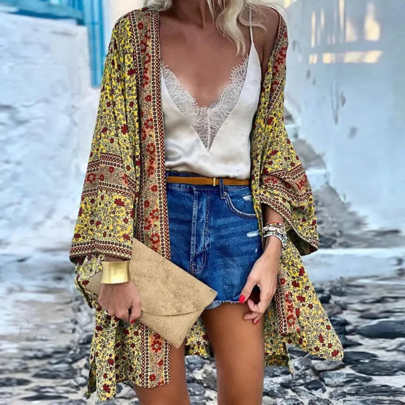 Long Sleeve Bohemian Floral Beach Cover Up Yellow / M