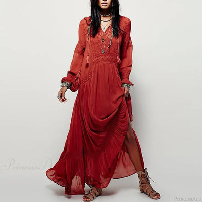 Long Sleeve Maxi Dress Red Floral Embroidery Tassel Boho Dress bohodress-250126