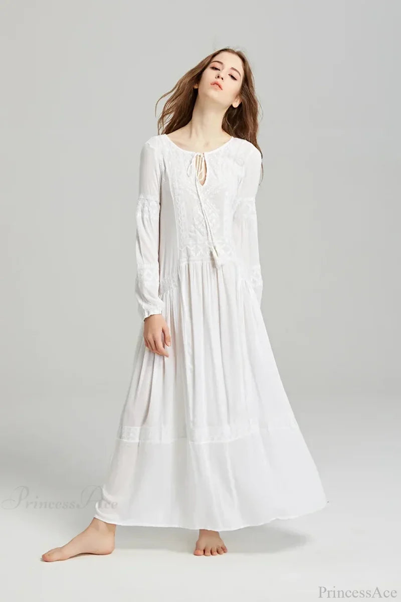 Long Sleeve Maxi Dress Red Floral Embroidery Tassel Boho Dress bohodress-250126