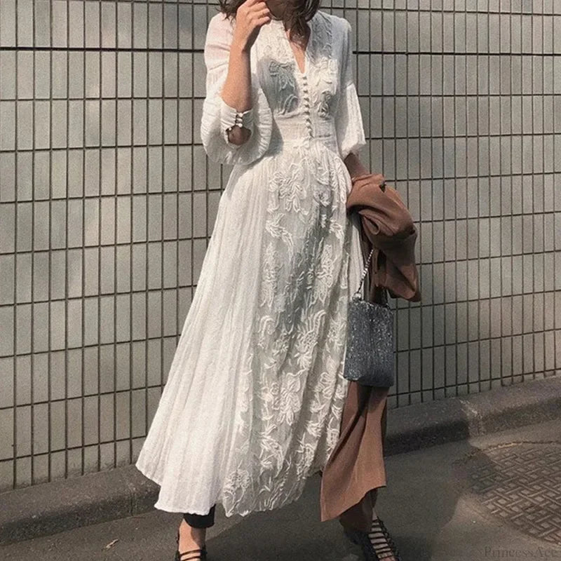 Long Sleeve Oversized Floral Ethnic Boho Dress White / S bohodress-250126