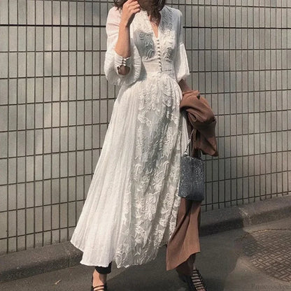 Long Sleeve Oversized Floral Ethnic Boho Dress White / S bohodress-250126