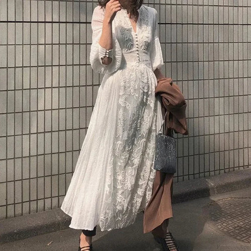 Long Sleeve Oversized Floral Ethnic Boho Dress White / S bohodress-250126