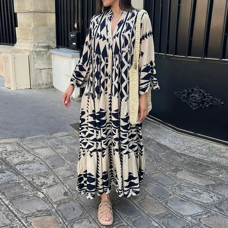 Long Sleeve Pleated Boho Dress bohodress-250126