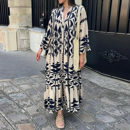 Long Sleeve Pleated Boho Dress bohodress-250126