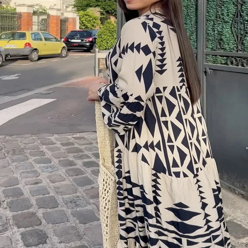 Long Sleeve Pleated Boho Dress bohodress-250126