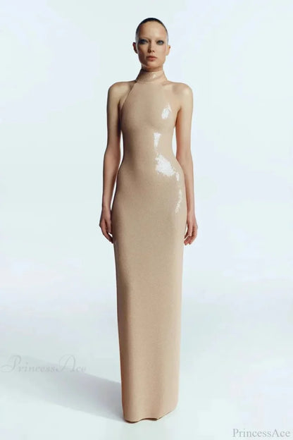 Long-Sleeve Sequin Slit Maxi Prom Dress Beige / XS promdress-250223
