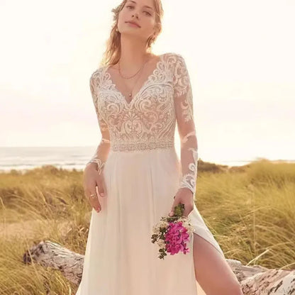 Long Sleeve Sheer Tulle Bridal Wedding Dress lvory white / 2 weddingdress-250223