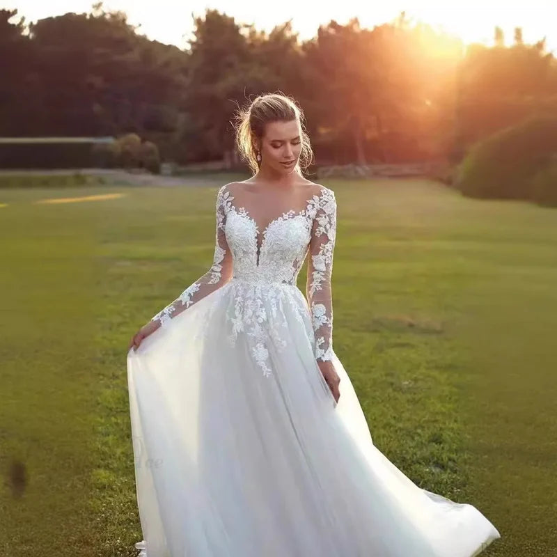 Long Sleeve Sheer Tulle Bridal Wedding Dress weddingdress-250223