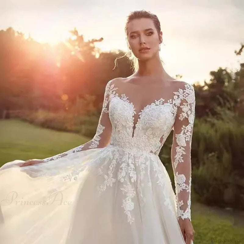 Long Sleeve Sheer Tulle Bridal Wedding Dress weddingdress-250223