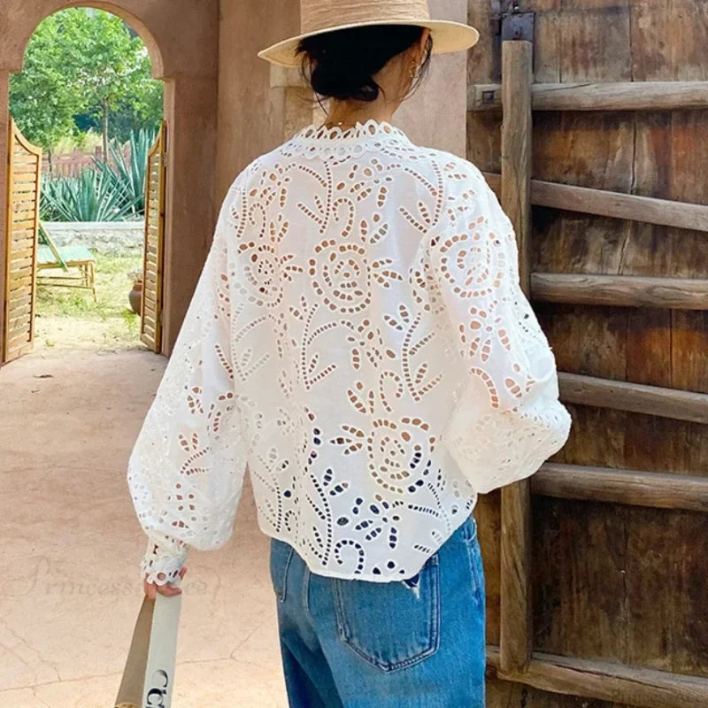 Long Sleeve V-Neck Hollow Out Floral Lace Boho Blouse bohoblouse-250126