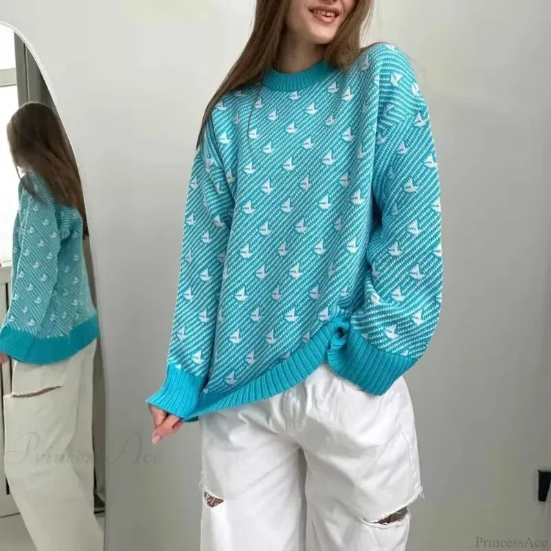 Loose Fashion Printed Long Sleeve Sweater Blue / S