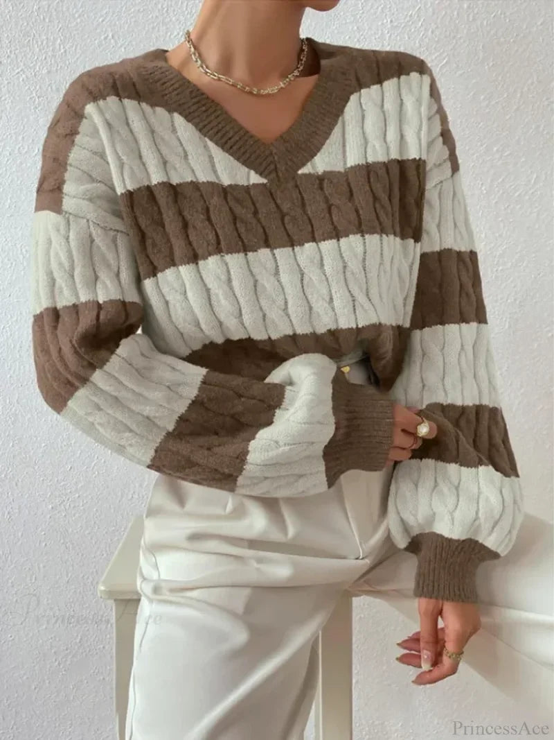 Loose Knit V-neck Vintage Pullover Sweater Khaki / S