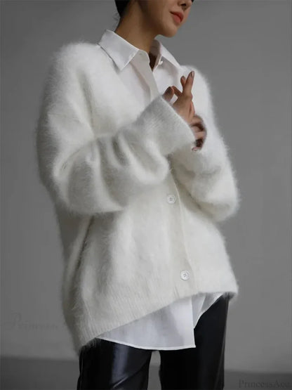 Loose Off Shoulder V-neck Cardigan White / S