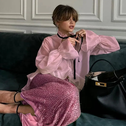 Loose White Ruffled Blouse Pink / S blouse-250223