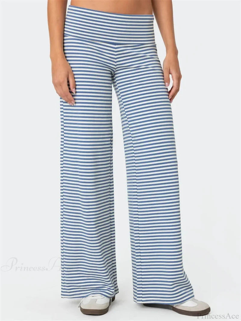 Loose Wide-Leg Striped Elastic Waist Streetwear Pant Blue / S pant-250223