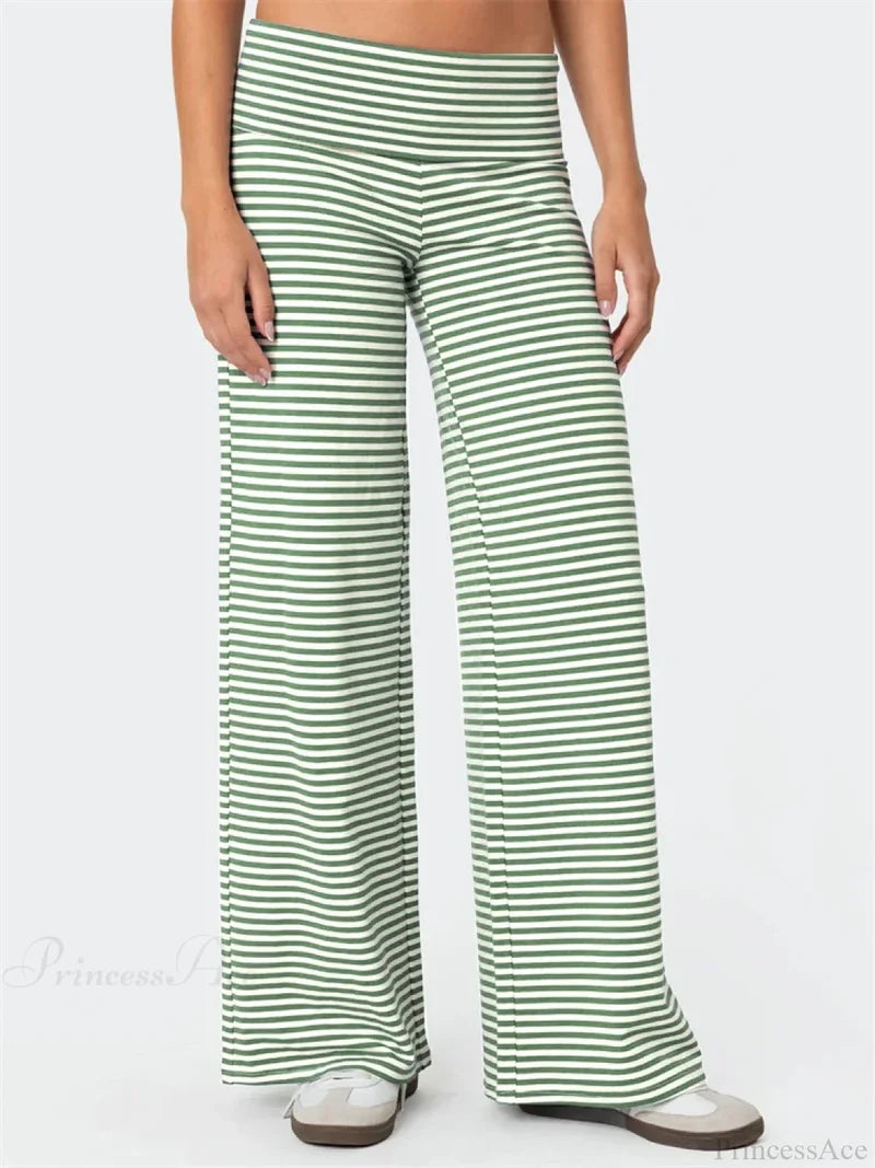 Loose Wide-Leg Striped Elastic Waist Streetwear Pant Green / S pant-250223