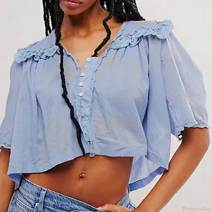 Low Cut Chiffon Ruffle Lace Trim Blouse Blue / XS blouse-250223
