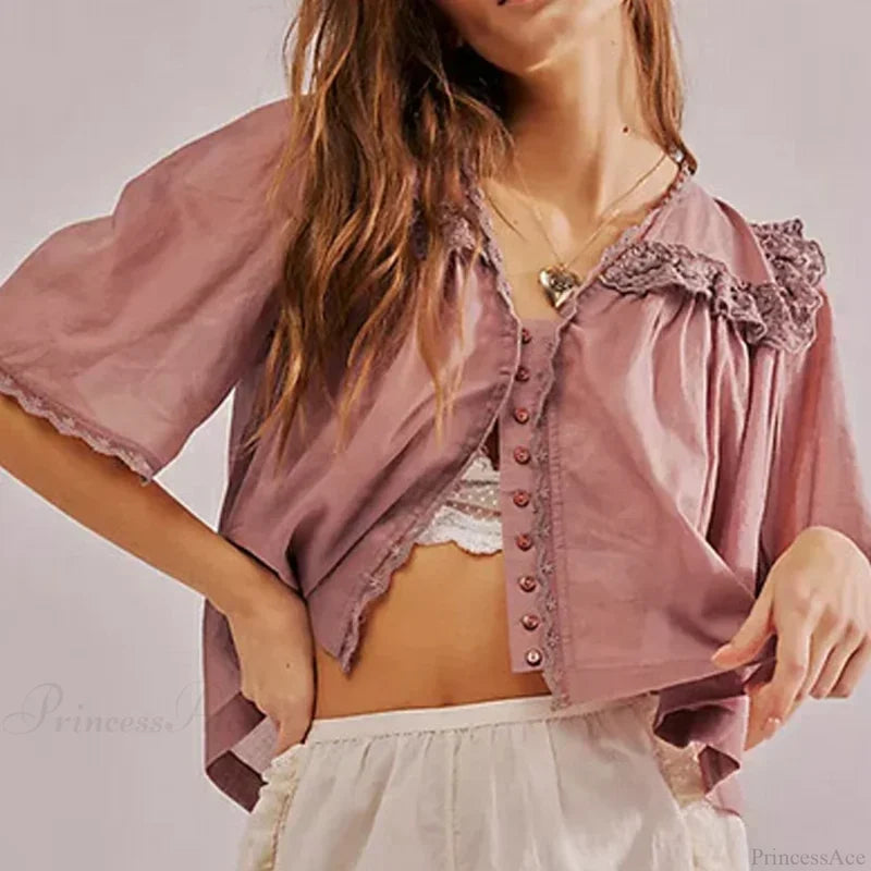Low Cut Chiffon Ruffle Lace Trim Blouse Lotus root color / XS blouse-250223