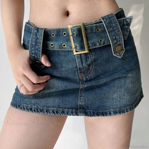 Low-Rise Distressed Blue Denim Skirt Blue / S skirts-250223