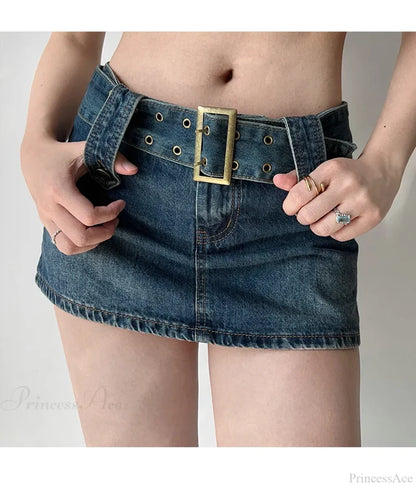 Low-Rise Distressed Blue Denim Skirt skirts-250223
