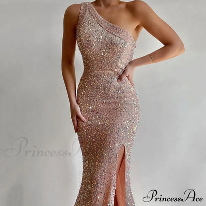 Lyla Formal One Charming Shoulder Sequin Dress Khaki / S S.o. Long Dresses