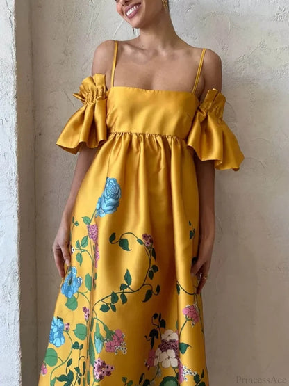 Marigold Printed Gathered Sleeve Graceful Pocketed A-Line Midi Dress Dresses