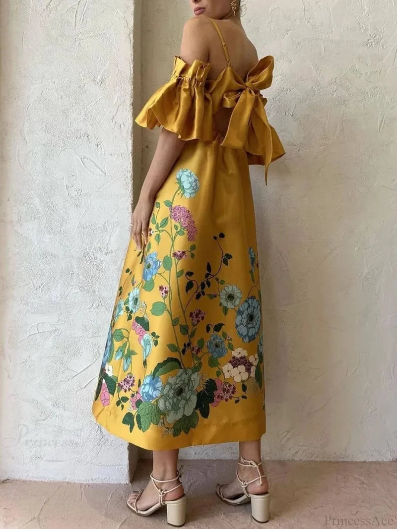 Marigold Printed Gathered Sleeve Graceful Pocketed A-Line Midi Dress Dresses
