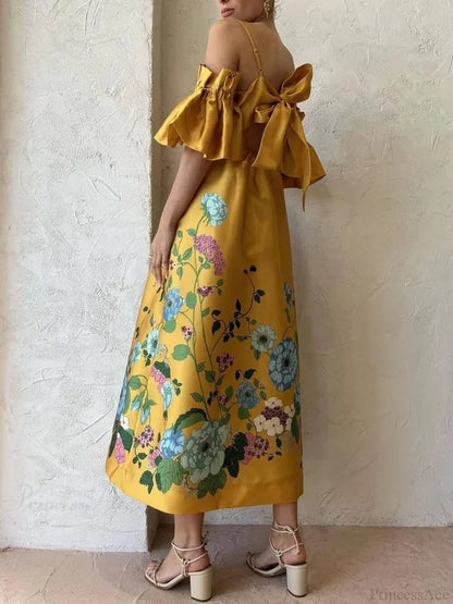 Marigold Printed Gathered Sleeve Graceful Pocketed A-Line Midi Dress Dresses