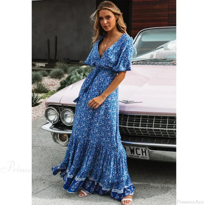 Maxi Dresses for Women Cotton Rayon Blue Floral Print Deep V-neck Boho Summer Dress bohodress-250126