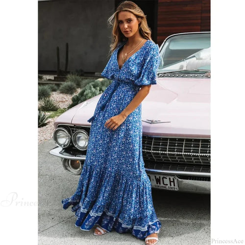 Maxi Dresses for Women Cotton Rayon Blue Floral Print Deep V-neck Boho Summer Dress bohodress-250126