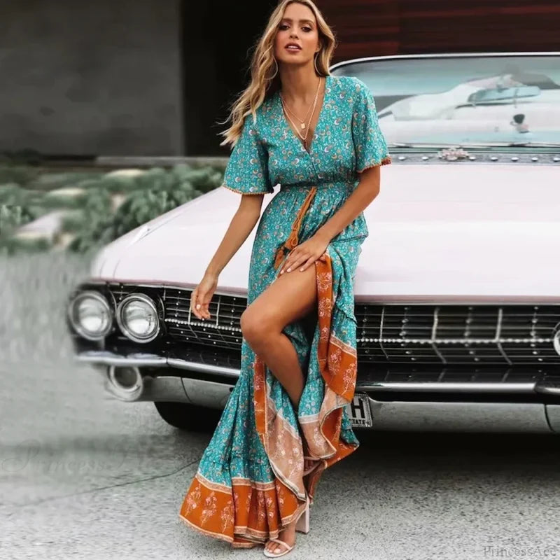 Maxi Dresses for Women Cotton Rayon Blue Floral Print Deep V-neck Boho Summer Dress bohodress-250126