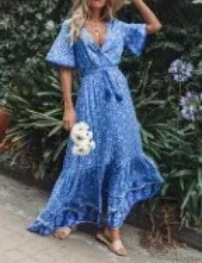 Maxi Dresses for Women Cotton Rayon Blue Floral Print Deep V-neck Boho Summer Dress Blue / S bohodress-250126