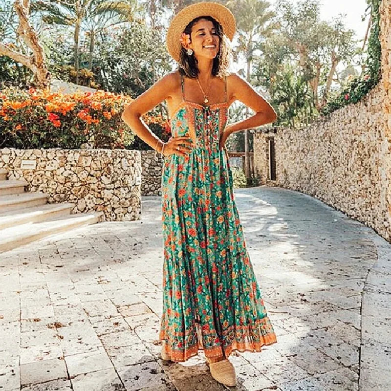 Maxi Strap Dress Green Rayon Floral Print Gypsy Summer Dress bohodress-250126