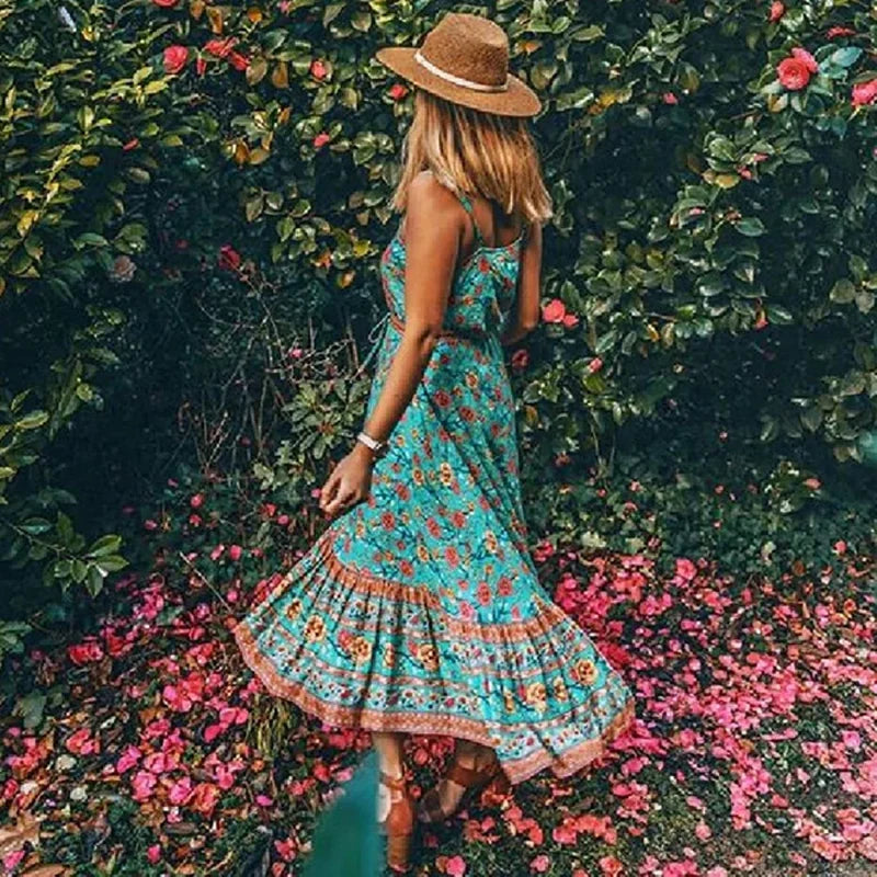 Maxi Strap Dress Green Rayon Floral Print Gypsy Summer Dress GREEN / S bohodress-250126