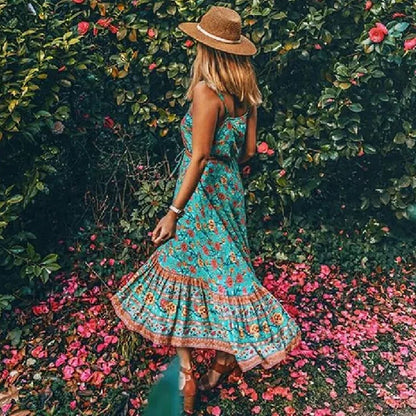 Maxi Strap Dress Green Rayon Floral Print Gypsy Summer Dress GREEN / S bohodress-250126