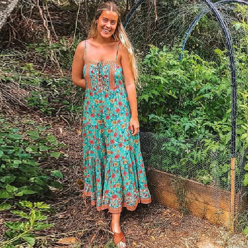 Maxi Strap Dress Green Rayon Floral Print Gypsy Summer Dress bohodress-250126