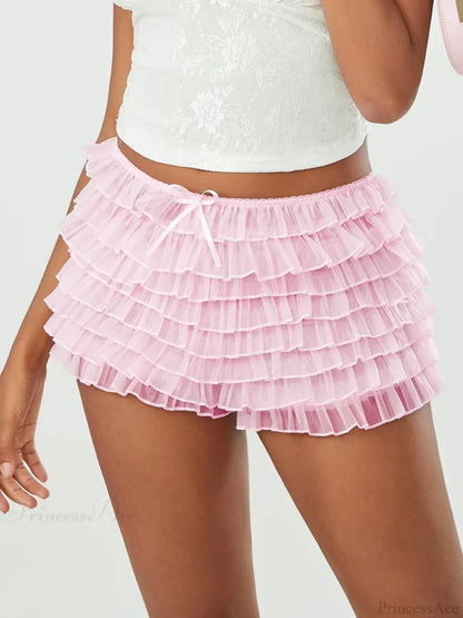 Mesh Bowknot Tiered Ruffle Short short-250223