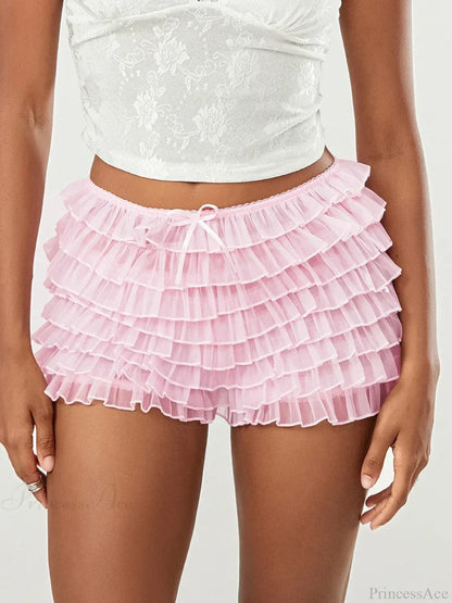 Mesh Bowknot Tiered Ruffle Short short-250223