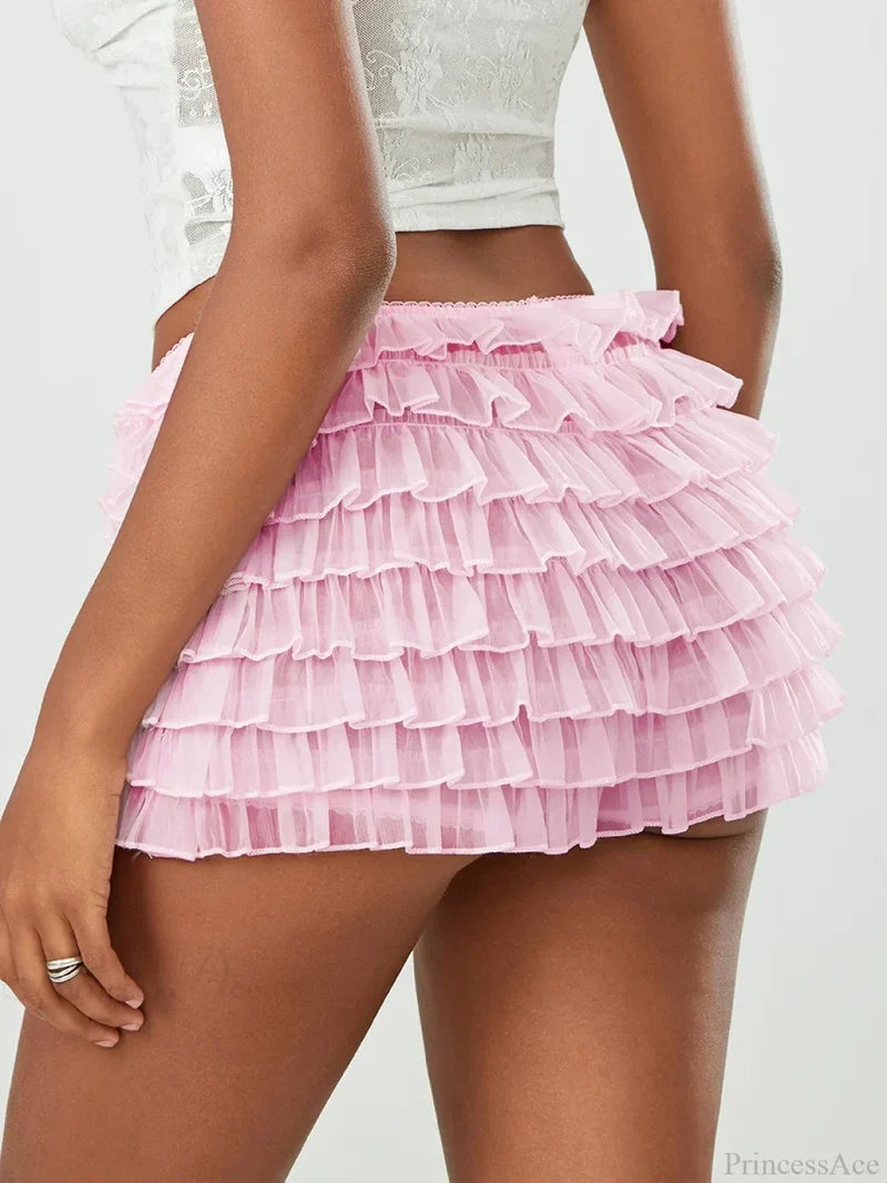 Mesh Bowknot Tiered Ruffle Short short-250223
