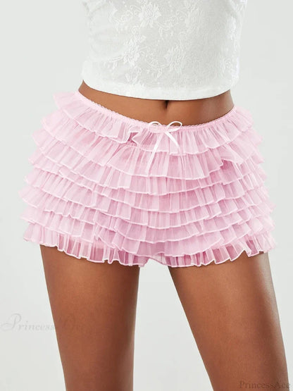 Mesh Bowknot Tiered Ruffle Short Pink / S short-250223