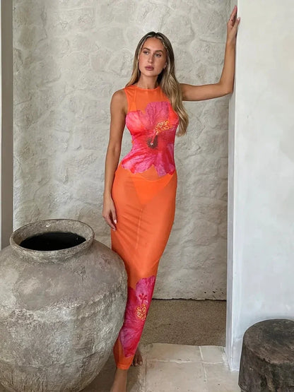 Mesh Perspective Sexy Vacation Dress Orange / S vacationdress-250223