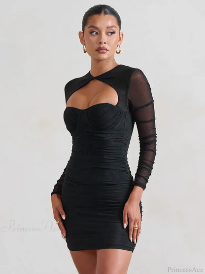 Mesh Pleated Wrap Mini Dress minidress-250223