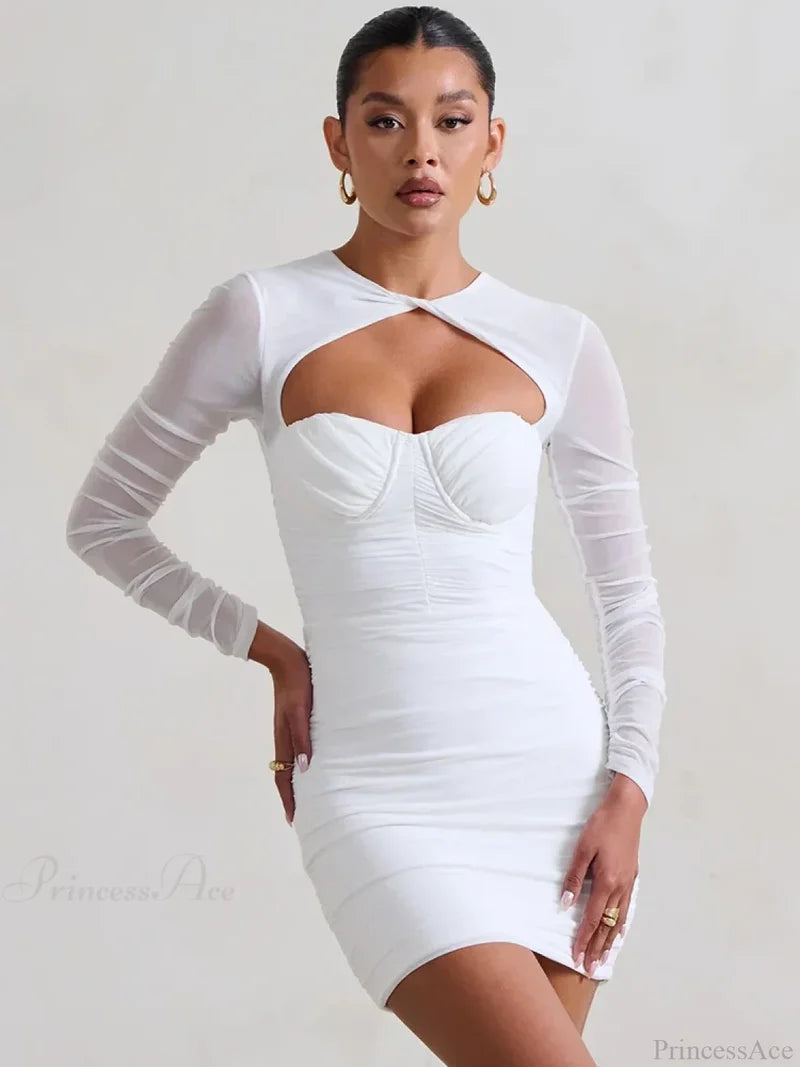 Mesh Pleated Wrap Mini Dress WHITE / S minidress-250223