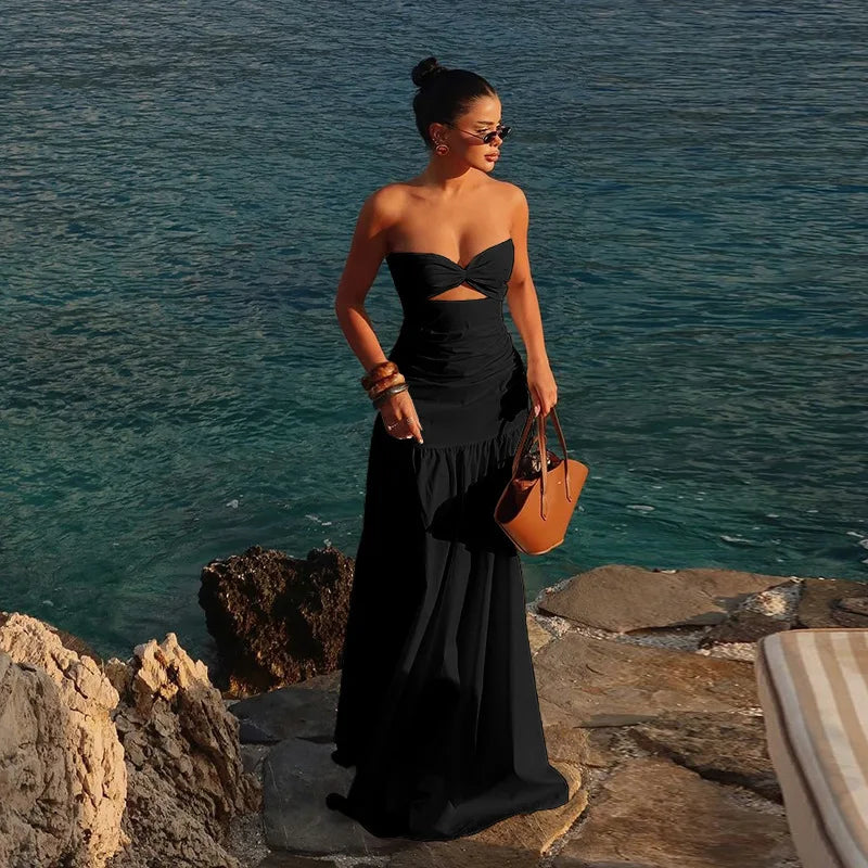 Mesh Strapless Hollow Colorblock Maxi Dress