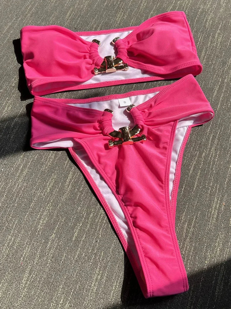 Metal Buckle High Waist Bikini Set Rose / S