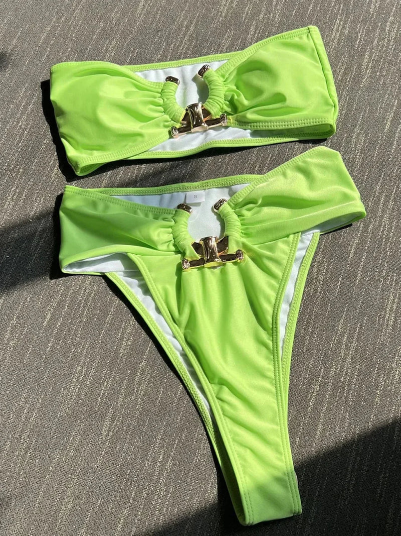 Metal Buckle High Waist Bikini Set Green / S