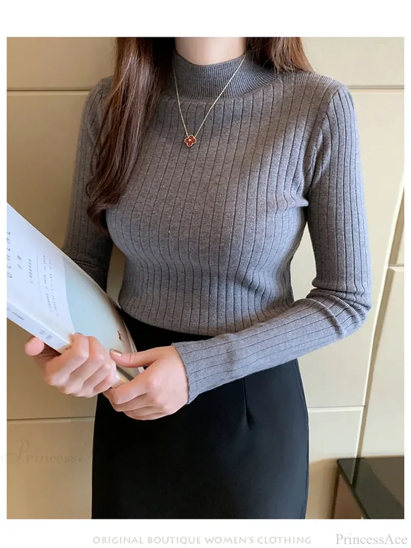 Mockneck Solid Cashmere Pullover Elegant Knit Top knittop-250126
