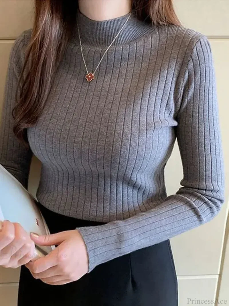 Mockneck Solid Cashmere Pullover Elegant Knit Top GREY / One Size knittop-250126