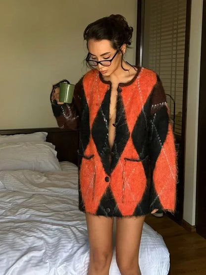 Mohair Contrast Pocket Loose Cardigan orange / S